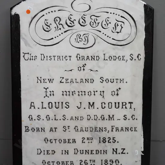 large marble memorial plaque - District Grand Lodge NZ South / in memory A. Louis J.M. Court - died 1890 in Dunedin