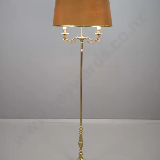 brass standard lamp with sconce-style 2-light fitting, on tripod base, oval shade brass bands H-1560 Shade L-450