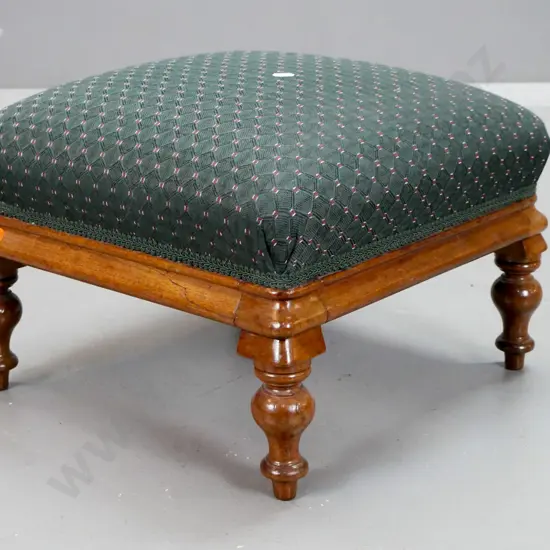Victorian mahogany turned-leg upholstered foot-stool - repaired crack to one side H-280 W-400 D-400