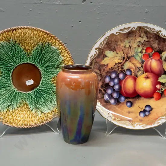 Royal Worcester fruit still life display plate D-250, majolica plate and a Grimwades Byzanta lustre vase