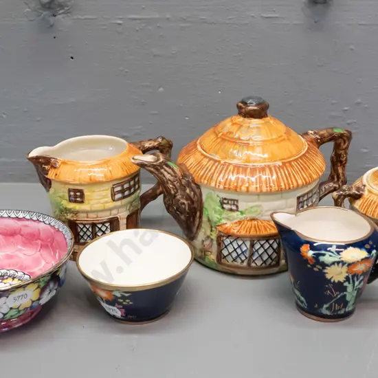 Beswick cottage teapot, jug and lidded sugar bowl, a Maling pink thumbprint footed bowl and 2 Grimwades pieces - jug and