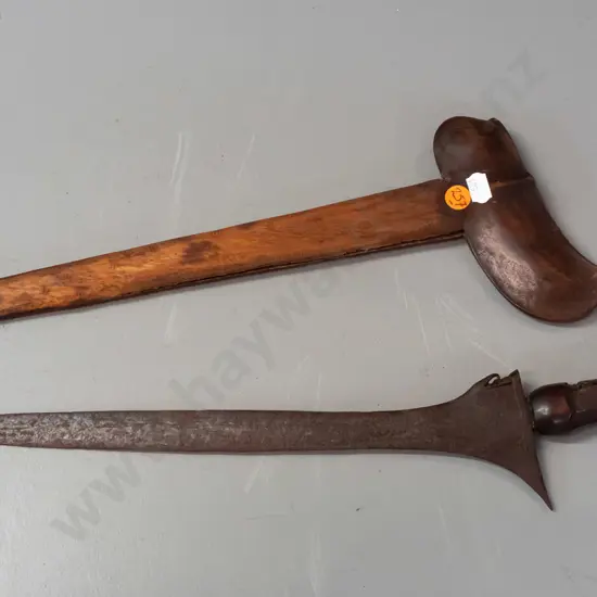 knife / kris from Aceh, Indonesia with carved wooden handle and wooden sheath - some corrosion to blade, split to sheath