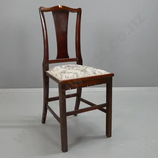 mahogany bedroom chair with figured back splat, square section legs, pressed decoration - a bit of wear to upholstered