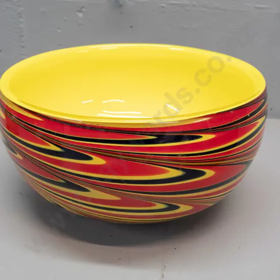 large art glass bowl - yellow interior with red and black swirl, no maker's marks H-130 D-240