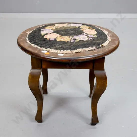 vintage low beech stool with floral tapestry upholstery on round top - missing some gimp, some staining H-330 D-380