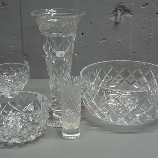 5 pieces of crystal - Webb-Corbett salad bowl & comport, Stuart vase H-225 and 2 others.