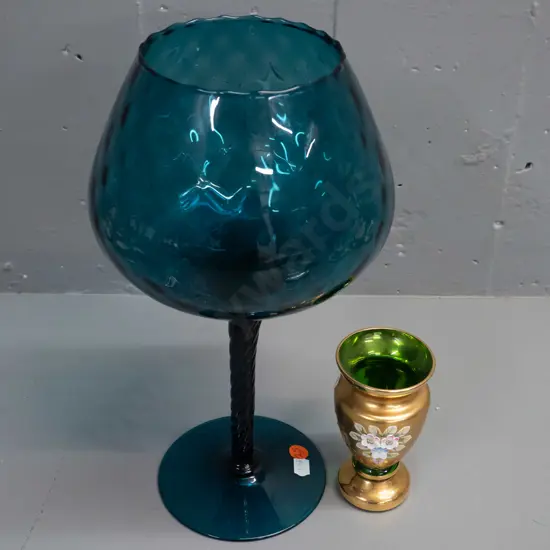 2 pieces of glass - large dark blue-green stemmed goblet vase H-320 D-110 and a small Venetian vase