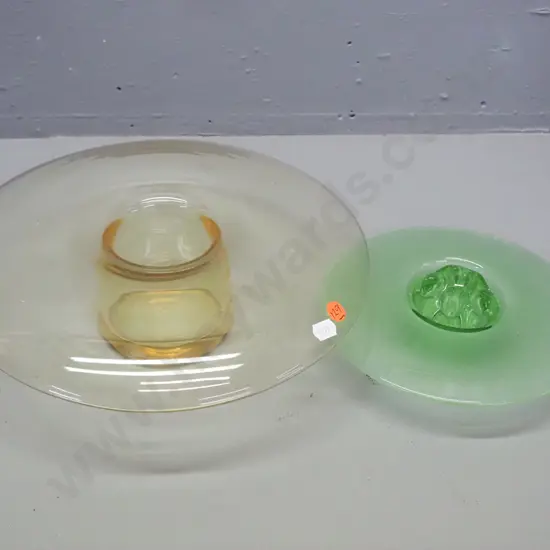 2 glass float bowls - larger amber glass and smaller green with frog - some chip on rim of frog. Amber one is D-300