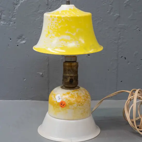 vintage small plastic bedside lamp with clip-on shade, speckled yellow finish - has hairline crack to base, some age
