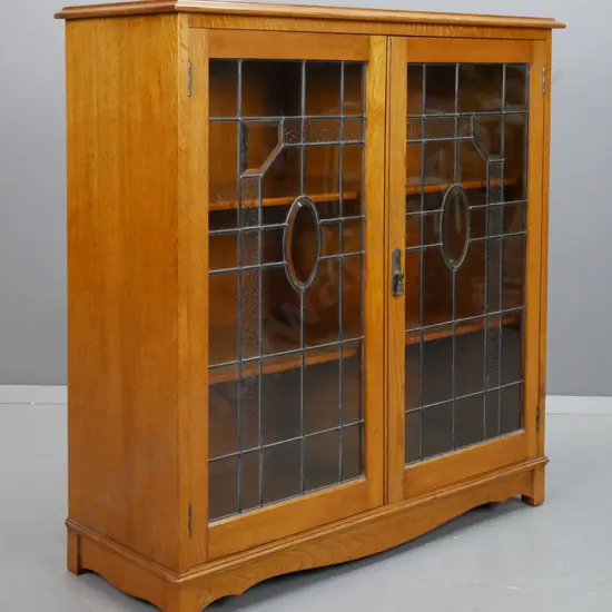 1940s vintage oak 2-door leadlight cupboard with 2 fixed timber shelves, drop handle, lockable, with key H990 W960 D355