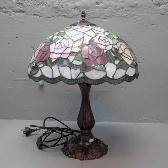 reproduction Tiffany style leadlight table lamp with cast metal bronze-finish base, rose pattern shade H-550 Shade D-400