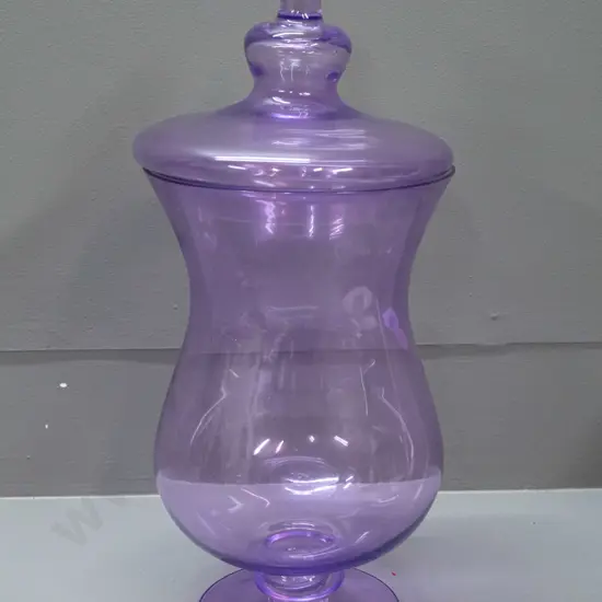 retro lavender glass lidded footed jar - a few tiny nicks around rim H-380