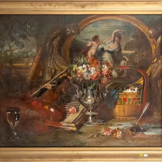 gilt framed oil on canvas - still life scene H-600 W-730 (ageing to paint)