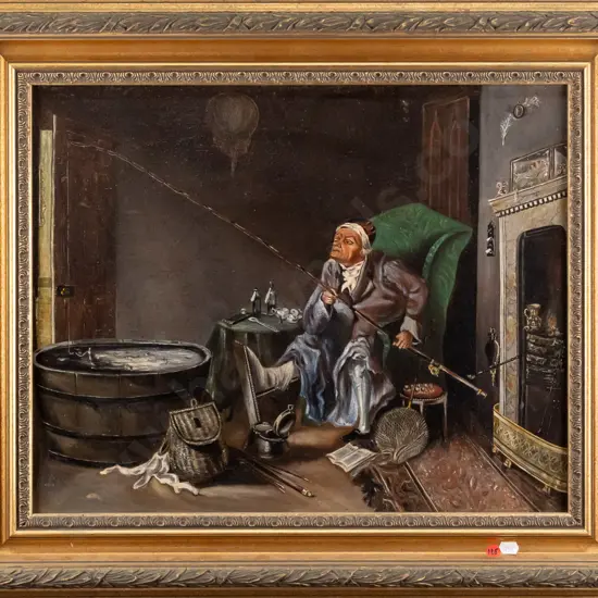 gilt framed oil - man with fishing rod by fire (aging to paint) H-400 W-490