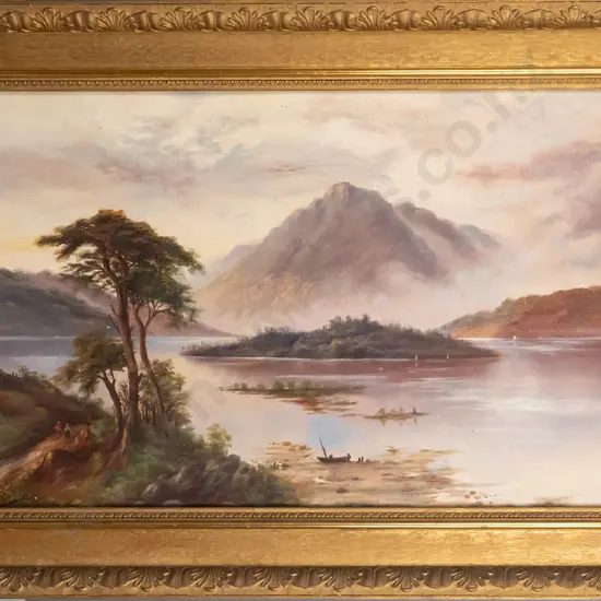 KS -  gilt framed colonial oil on board - lake and mountain scene H-370 W-600 (some borer in back of frame)