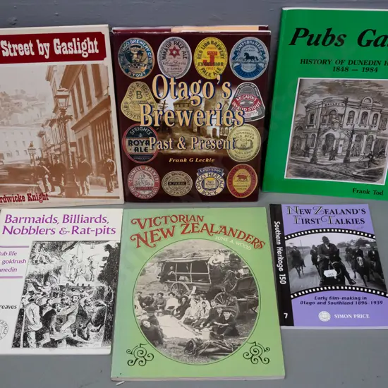 6 NZ local histories, mainly Dunedin - Otago Beweries, Pubs Galore, New Zealand's First Talkies etc.