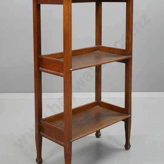 vintage oak 3-tier open display shelf - some rings and marks, slightly loose joints H-870 W-490 D-270