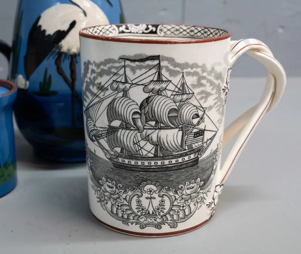 Adams mug with intertwined handle and nautical motifs, and 4 pieces of Torquay ware. Adams mug has some fretting to Image 1++