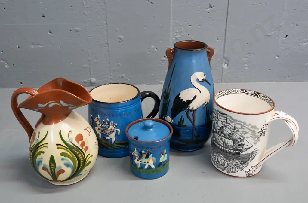Adams mug with intertwined handle and nautical motifs, and 4 pieces of Torquay ware. Adams mug has some fretting to Image 1++