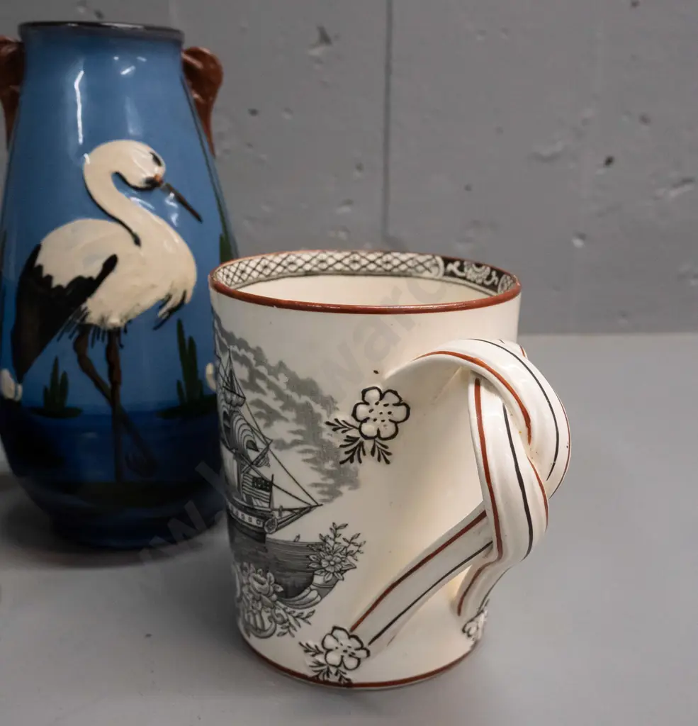 Adams mug with intertwined handle and nautical motifs, and 4 pieces of Torquay ware. Adams mug has some fretting to Image 1++