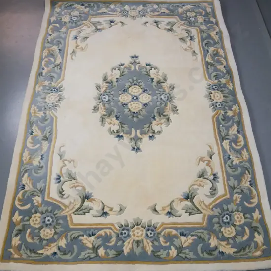 sculpted thick pile Indian wool floor rug - ivory and blue floral and foliate design - some discolouration L-2260 W-1570