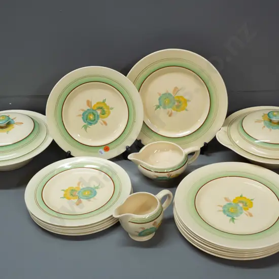 vintage hand painted Clarice Cliff Newport Pottery table ware - 2 lidded vegetable dishes, 7 large plates, 6 smaller and