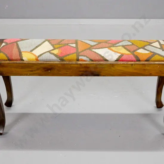 vintage beech cab-leg narrow rectangular stool, pop out upholstered seat - loose legs, upholstery stained and frayed.