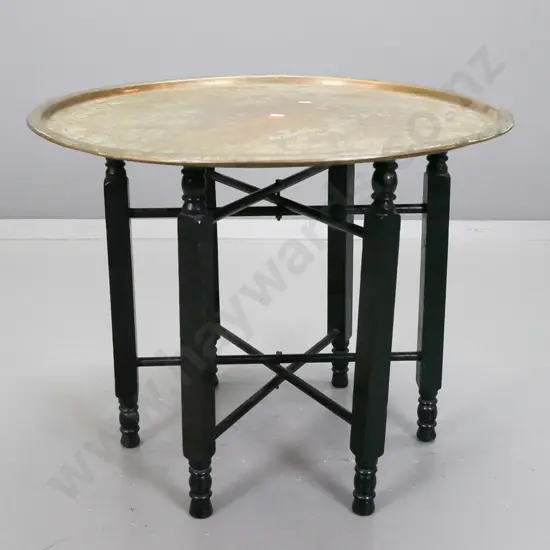 Japanese motifs etched brass tray top table with collapsible hexagonal timber and metal tube base, marked Kinco on