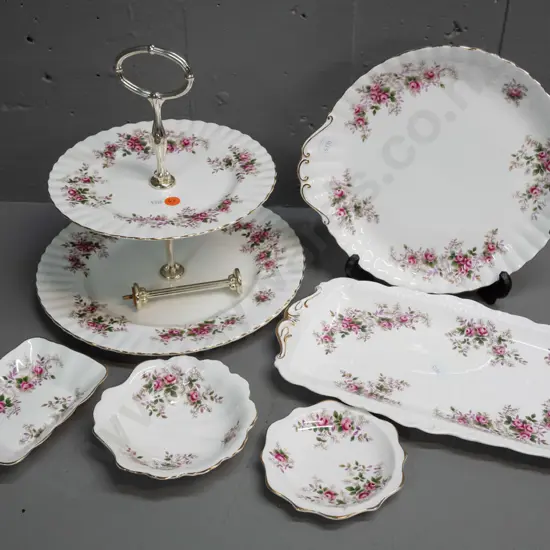 assorted Royal Albert Lavender Rose plates and dishes including 2-tier cake rack, sandwich tray, cake plate, 3 small