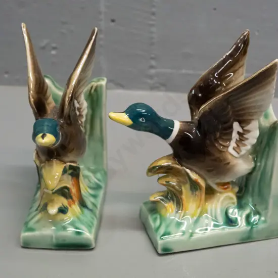 retro pair of Japanese mallard duck book ends - one wing tip has slight flaw H-140 L-100 W-60