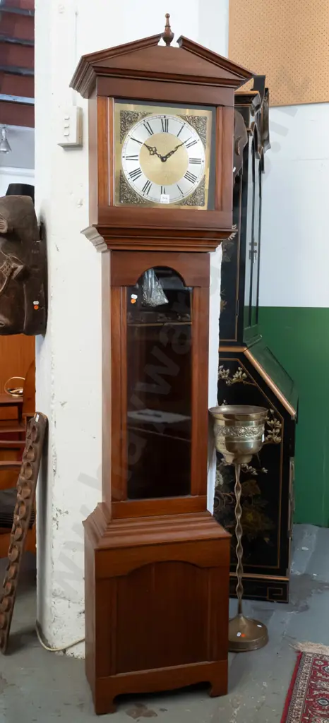 reproduction mahogany traditional style long-cased clock w/ brass and silvered dial, arched glazed door, brass and wood Image 1++