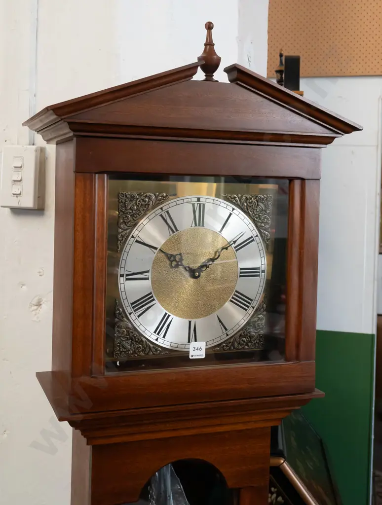 reproduction mahogany traditional style long-cased clock w/ brass and silvered dial, arched glazed door, brass and wood Image 1++