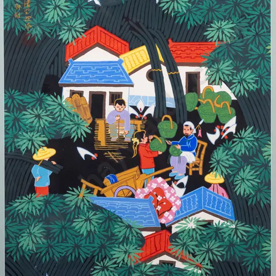 framed watercolour - Village Scene H-770 W-540