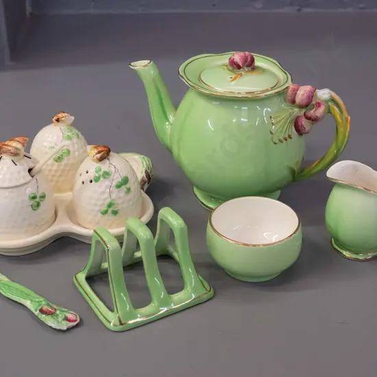 Royal Winton relief lily pattern breakfast set for one, no tray, a Sylvia China bee motif condiment set and a Carlton