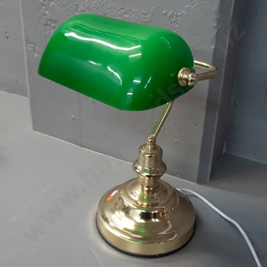 reproduction brass finish banker's lamp with green shade - 3 level touch lamp w/Oriel Lighting label H-390 W-260