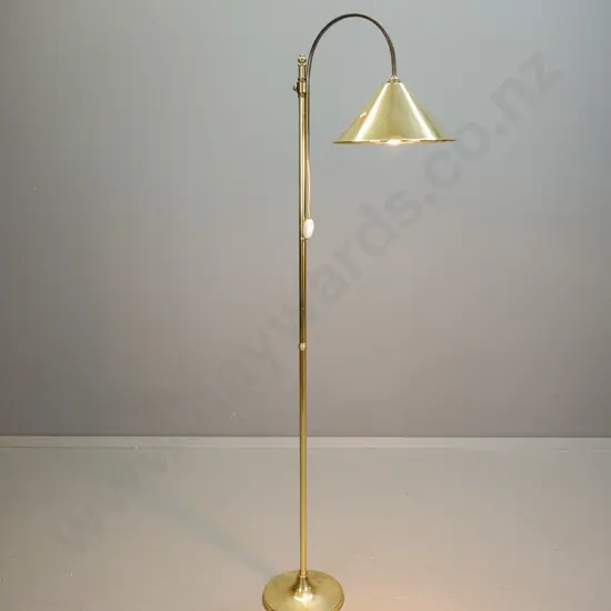 brass standard lamp with adjustable height curved stem, spun brass conical shade - some scratches and pitting. Max H1640