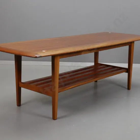 retro mahogany coffee table with square tapered legs & slatted magazine rack H-430 L-1290 W-490