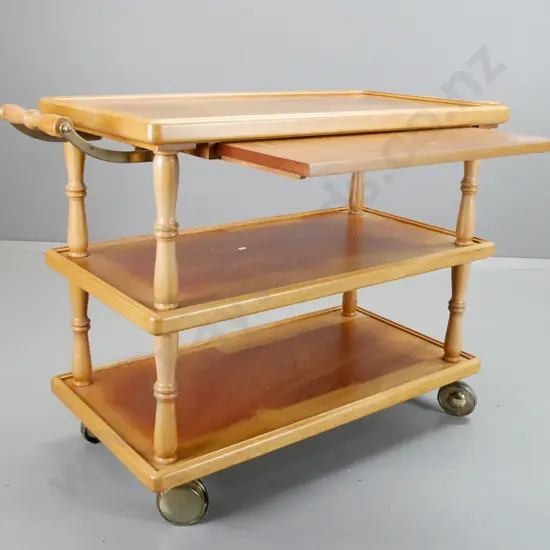 vintage mahogany 3-tier tea or serving trolley with slide out leaf, turned timber and brass handles, large brass finish