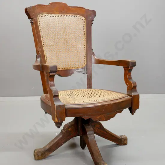 vintage oak and elm swivel & tilt office chair with woven cane seat and back - wear / scratches, seat sagging and