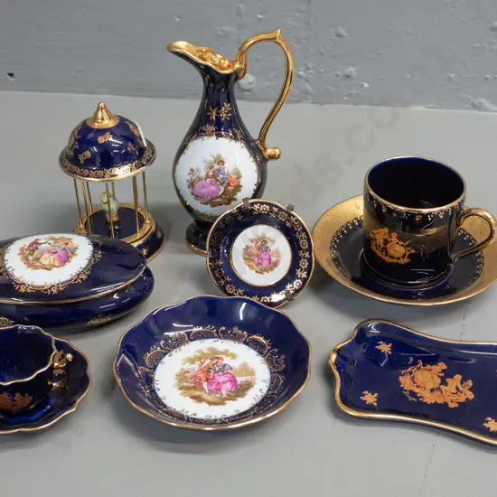 assorted small Limoges cobalt glaze items - jug H-140, demi-tasse cup & saucer, carousel, etc.
