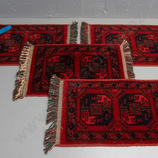 4 small Turkish style wool fringed rug pieces - red blue and greens - each L-500 W-330