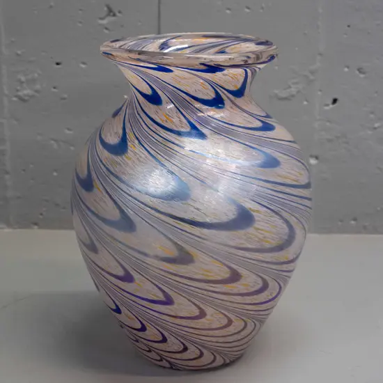 art glass vase with blue swirl pattern and lustre glaze H-230 D-160