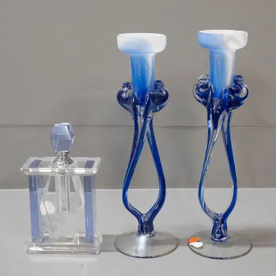3 pieces of art glass - pair of nouveau style candlesticks H-265 and a faceted scent bottle