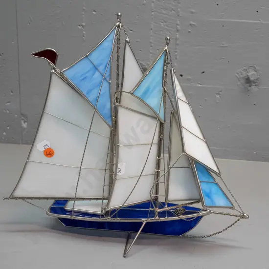 metal and leadlight glass model yacht with fine chain rigging - bow piece is loose, needs resoldering H-320 L-340