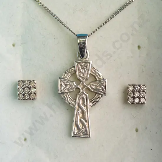 silver cross necklace & pair of silver earrings both stamped