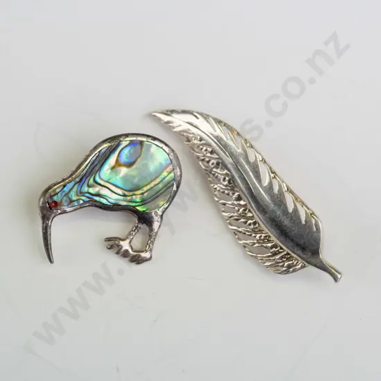 silver fern brooch stamped 925 & paua shell/silver kiwi brooch stamped sterling silver