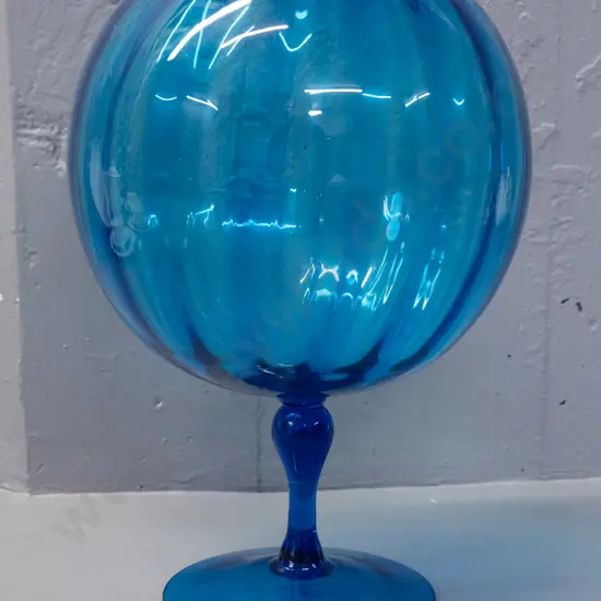 retro large blue glass goblet vase with ribbed bowl H-340 D-210
