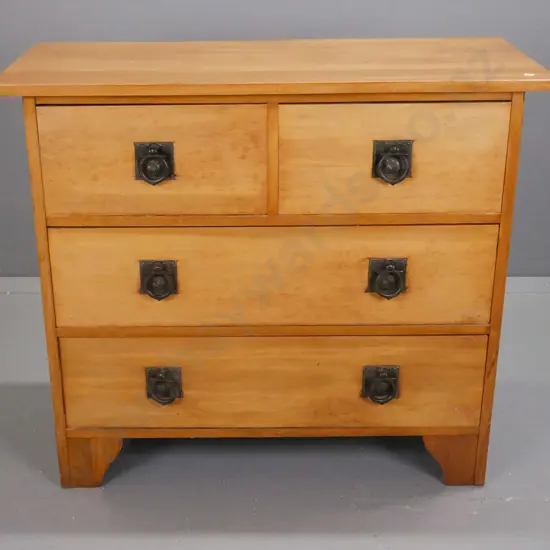 vintage rimu 4-drawer chest with nouveau style metal plate & ring handles - some fading and marks, small split to top