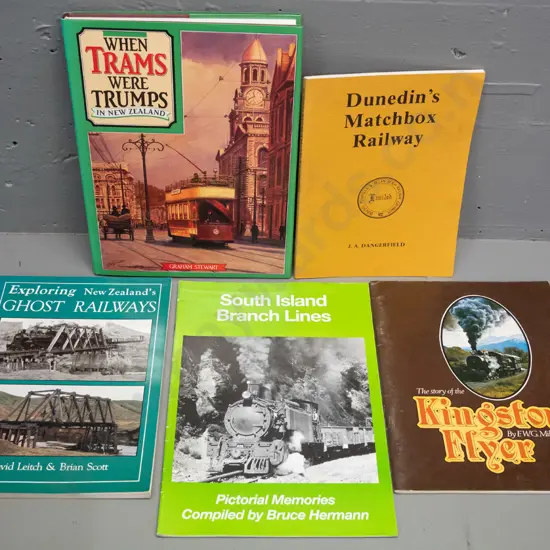 5 NZ railway local history books - Ocean Beach railway, When Trams Were Trumps, Kingston Flyer etc.