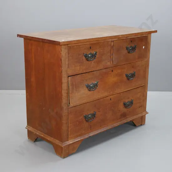 vintage oak 3-drawer chest with pressed metal handles, one missing brass lock, holes in top where original mirror-back